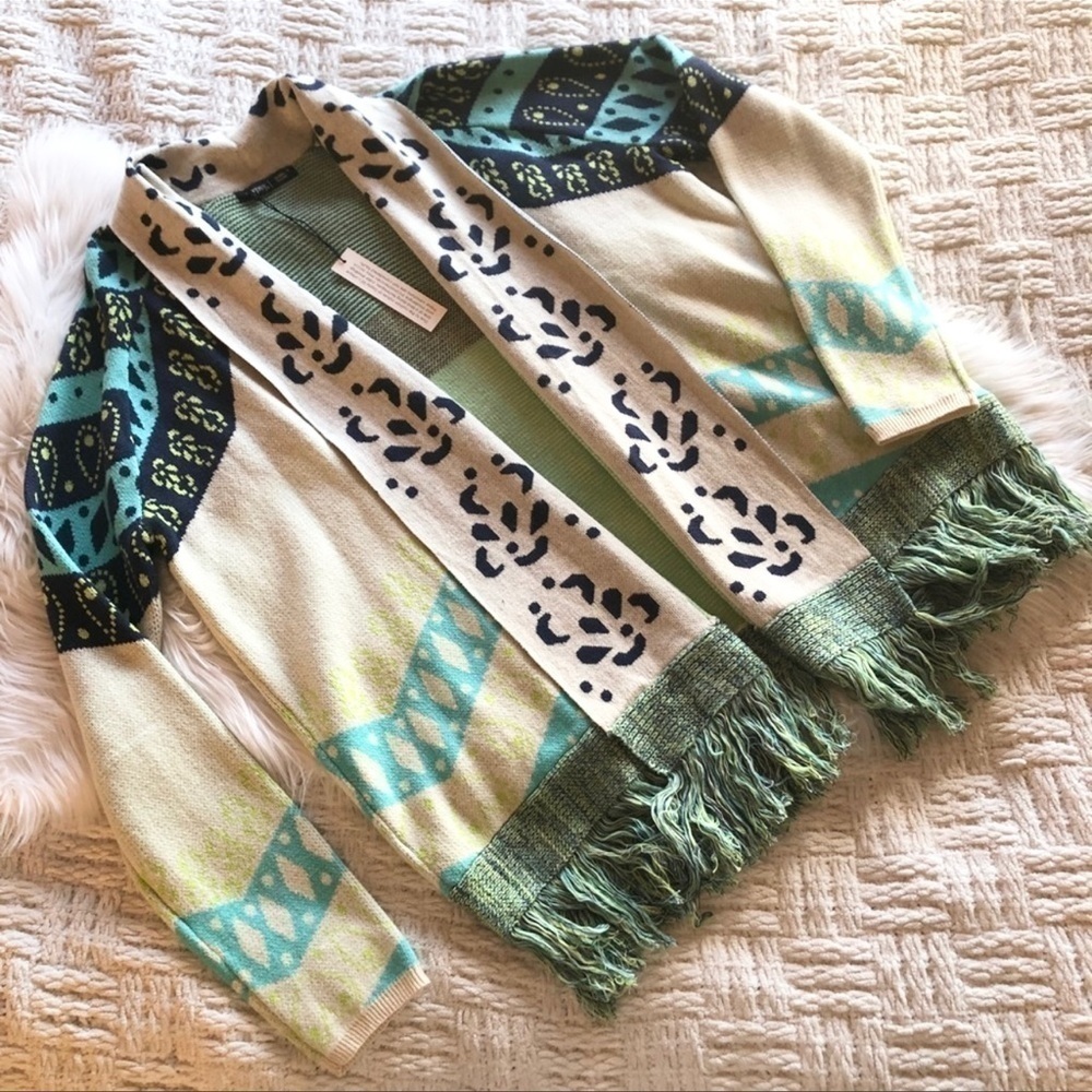 Anthropologie Gypsy05 Aruna Intarsia Drape Knit Fringe Blanket Cardigan